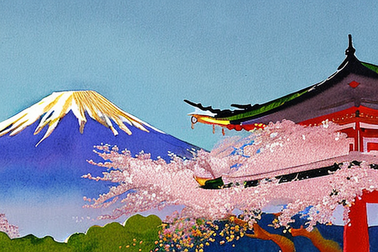AI generated art representing "falling cherry blossom, Japan, golden hour, spring, mount fuji"