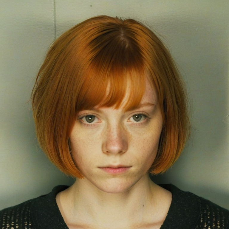 front shot, mugshot photo of a young woman ginger 20s, bob cut  looks at viewer, cinematic shot