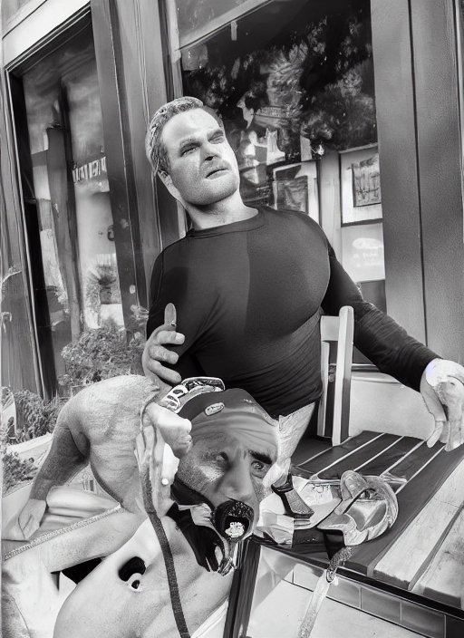 An completely jacked classically handsome action hero posing over hipster coffeee shop