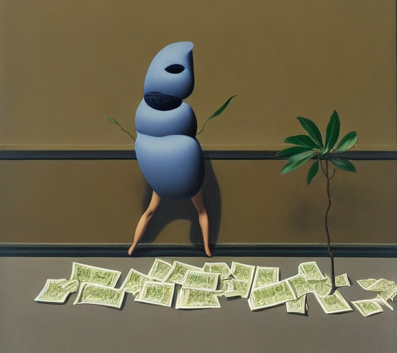 A person standing on a lot of cash  by Rene Magritte surrealist