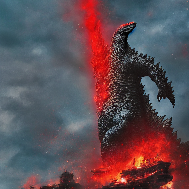 Stable Diffusion prompt: Godzilla, background solid red - PromptHero