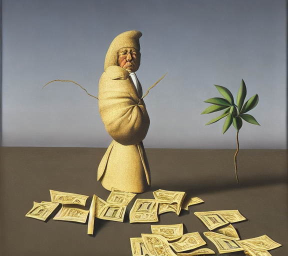 A person standing on a lot of cash  by Rene Magritte surrealist by Rembrandt by da Vinci
