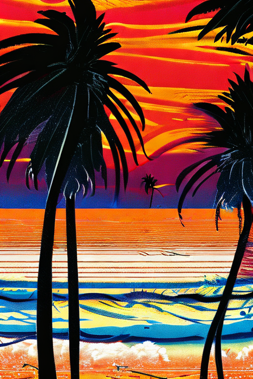 AI generated art representing "A surfer stands tall atop a California beach, the light of the setting sun behind them, a stark silhouette against the backdrop of an endless ocean and a row of palm trees that line the shore. Bright, vibrant colours, flowing movement, abstract forms, an air of freedom and adventure."