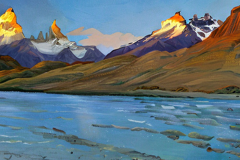 AI generated art representing "The Cordillera del Paine in Chile glows golden during the summer, with dappled light, warm tones, haze, and a soft atmosphere."