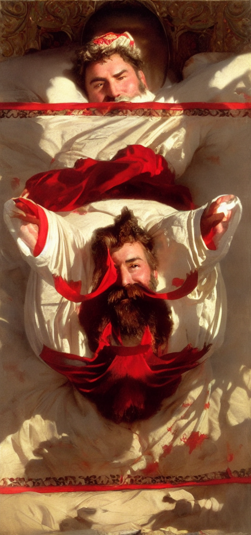 Make it a happy white man with his hands around him in a red shirt with a large beard, is lying on the bed surrounded by