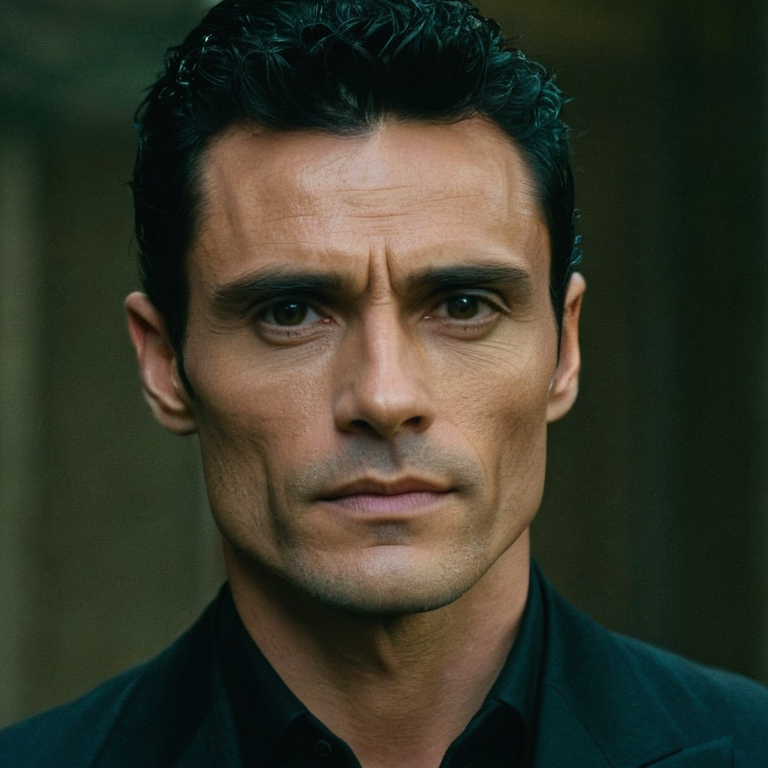 front shot, actor photo of a Black hair sharp jawline  looks at viewer, cinematic shot
