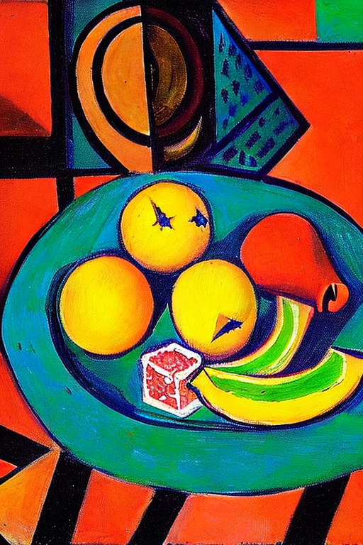 An AI generated image representing "lemons, oranges, bananas, strawberries, in a bowl, on a dining table."
