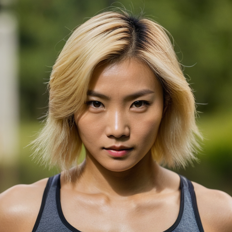 front shot, actor photo of a Asian blonde hair athletic woman  looks at viewer, cinematic shot