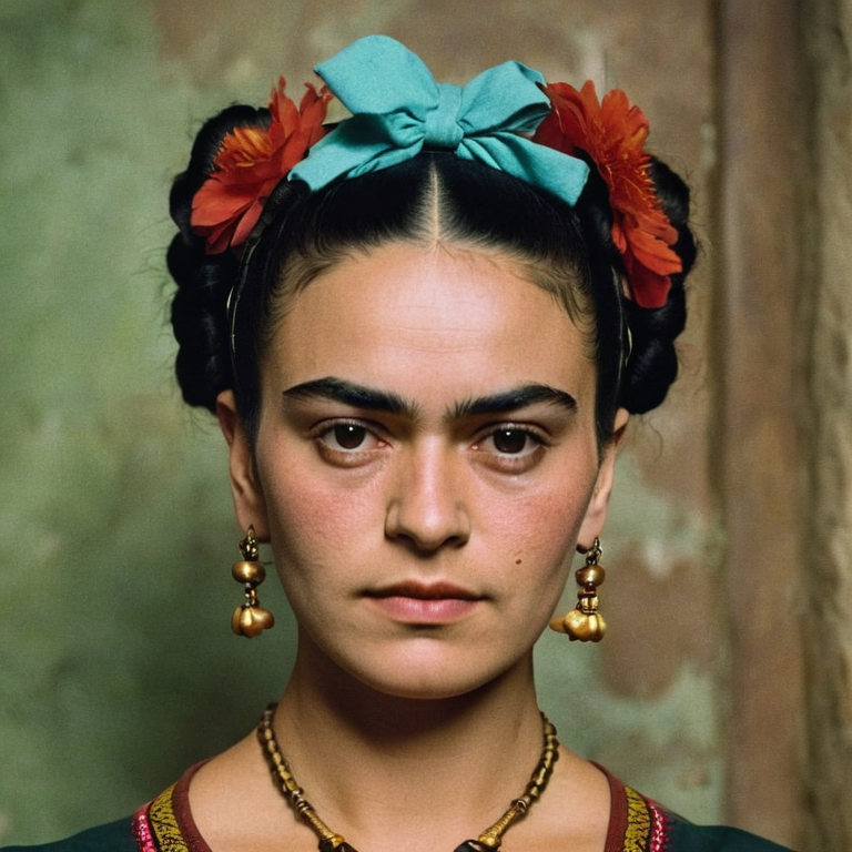 front shot, actor photo of a woman who looks like frida kahlo  looks at viewer, cinematic shot
