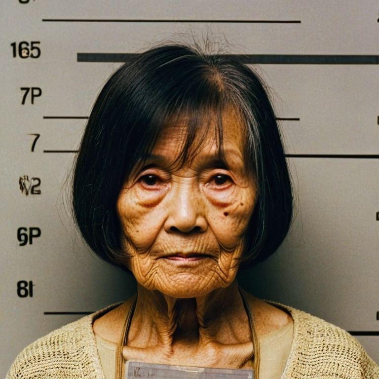 front shot, mugshot photo of a old woman 90 years old, asian, bob cut  looks at viewer, cinematic shot