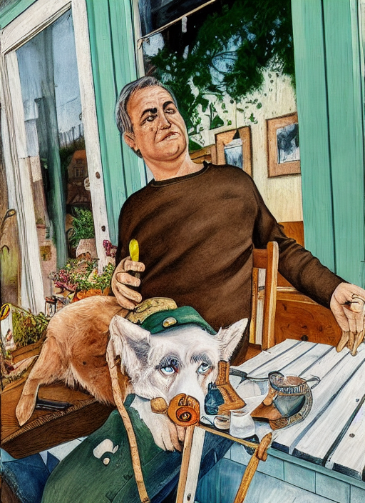 An earnest farmer at hipster coffeee shop American Gothic