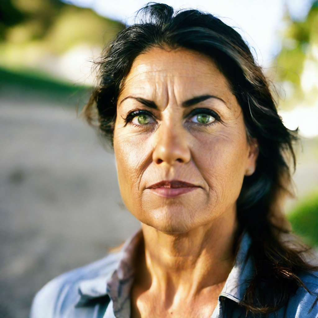 front shot, photo of a hispanic woman with green eyes, age 50, platinum blonde  looks at viewer, cinematic shot