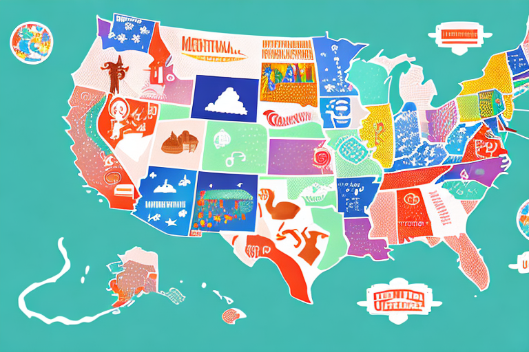A Map Of The United States With A Few Colorful Icons Representing The Top Social Media Agencies, Hand-Drawn Abstract Illustration For A Company Blog, In Style Of Corporate Memphis, Faded Colors, White Background, Professional, Minimalist, Clean Lines