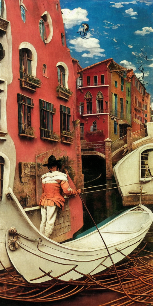 Man on Gondola in canal  by Salvador Dali by da Vinci by Norman Rockwell by Frida Kahlo by Vincent van Gogh by Rene Magr