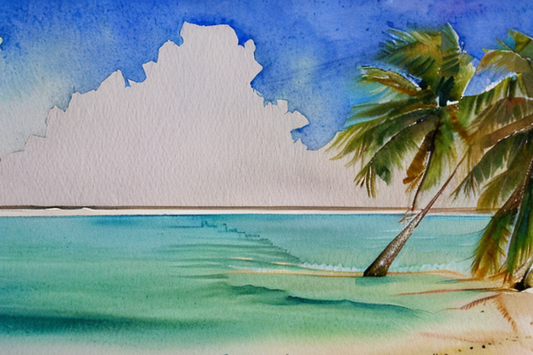 AI generated art representing "Generate a tranquil watercolor depicting a pristine tropical beach with palm trees, white sands, and crystal-clear turquoise waters, using a color palette of blues, greens, and sandy yellows."