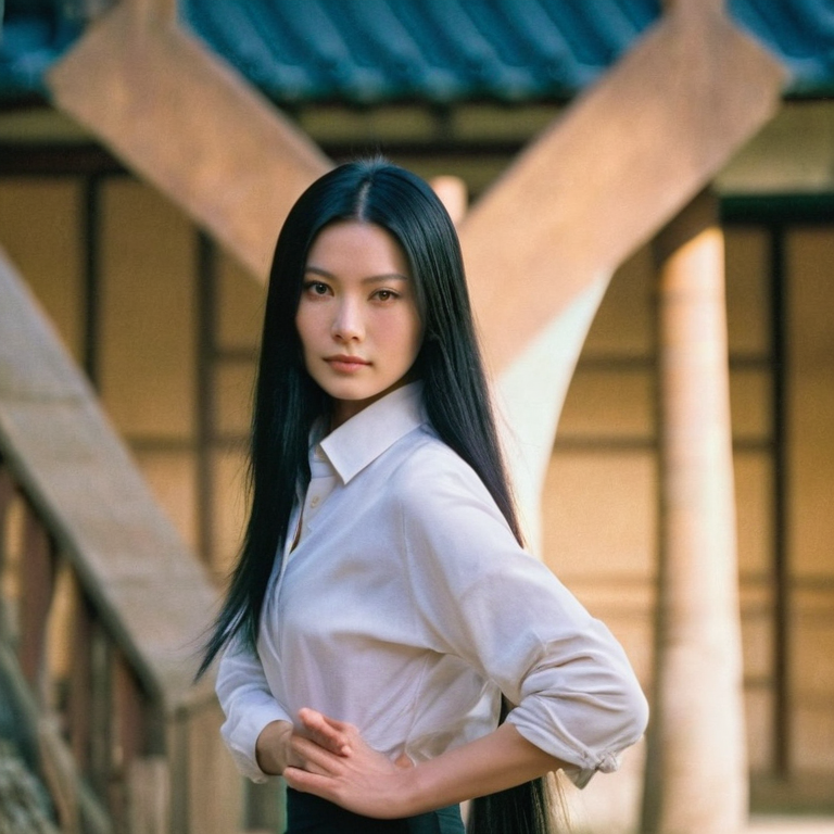 front shot, actor photo of a Taiwanese woman with long black hair tall  looks at viewer, cinematic shot