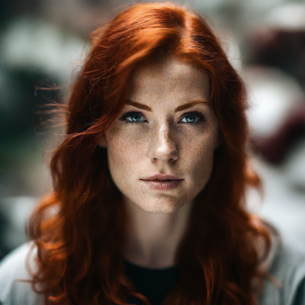 front shot, photo of a woman with red hair  looks at viewer, cinematic shot