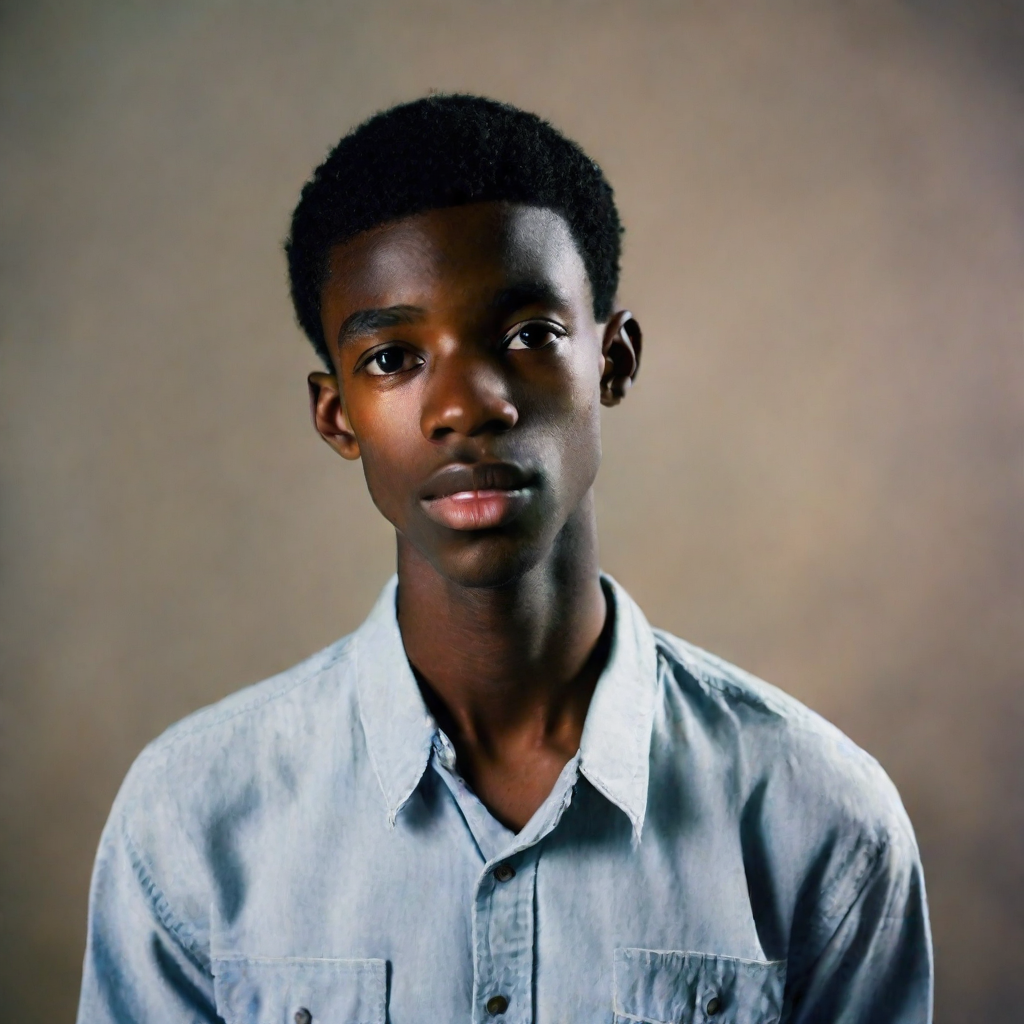 front shot, photo of Black male, skinny, approximately 5’8”, high school age 17  looks at viewer, cinematic shot