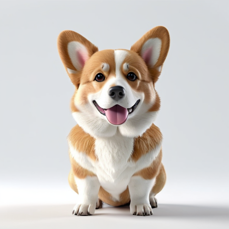 white background, front shot studio 3D render of super cute corgi, cinematic shot