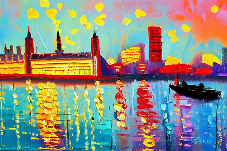 AI generated art representing "A London cityscape featuring the iconic skyline as a silhouette, painted with vibrant colors and a bright, warm color palette. The composition should highlight the beauty and grandeur of the city while also emphasizing the energy and bustling activity of city life. The painting should be large and bold, with a wide perspective to capture the full scope of the city. Light should be diffused and bright, illuminating the buildings and streets to create a lively, optimistic mood."