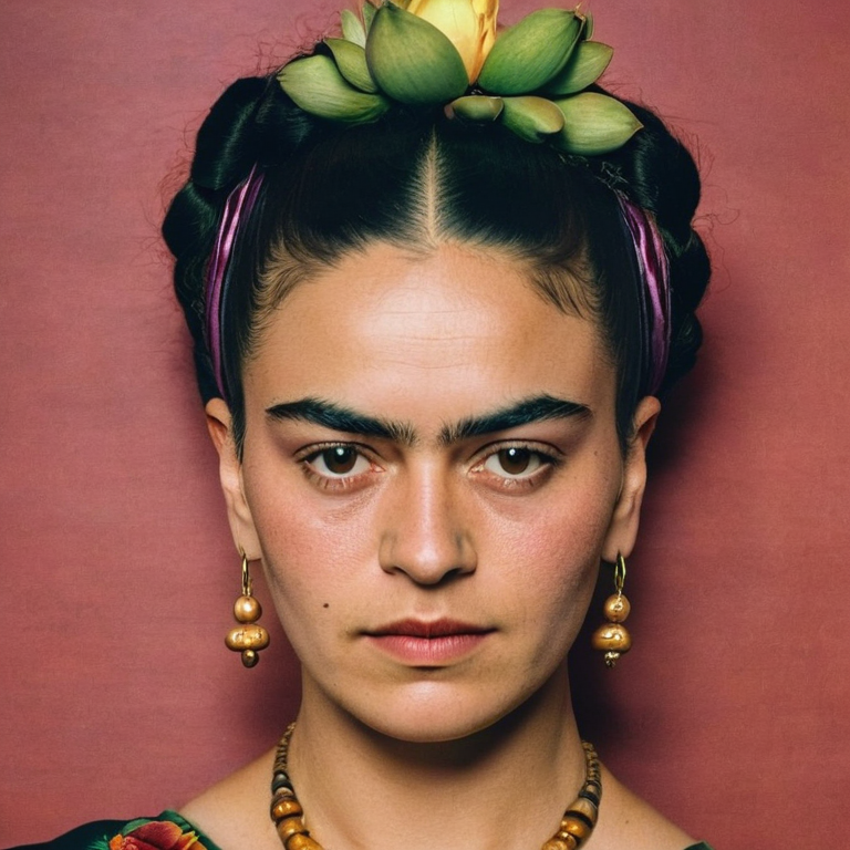 front shot, actor photo of a woman who looks like frida kahlo  looks at viewer, cinematic shot