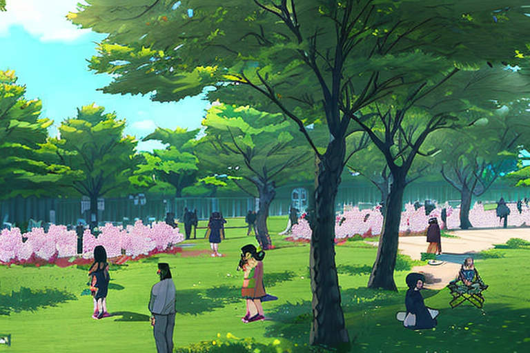 AI generated art representing "A tranquil, anime-style landscape of a cherry blossom park, filled with blooming trees and anime characters enjoying a peaceful afternoon."