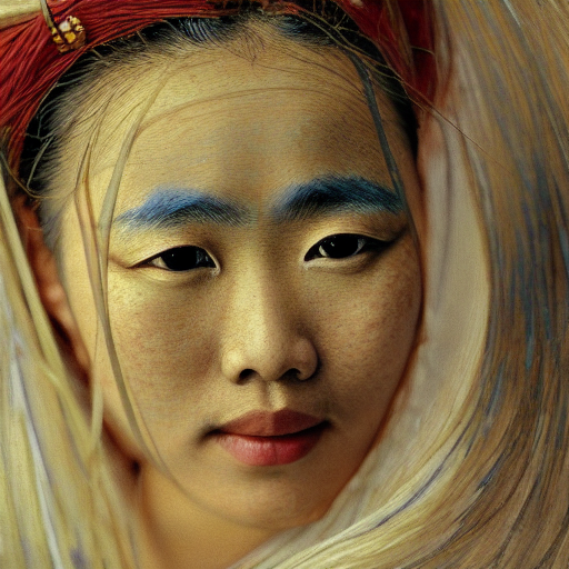 Asian woman, light freckles, pale tan skin, brown eyes, unkept eyebrows by van gogh, realistic, HD color photograph