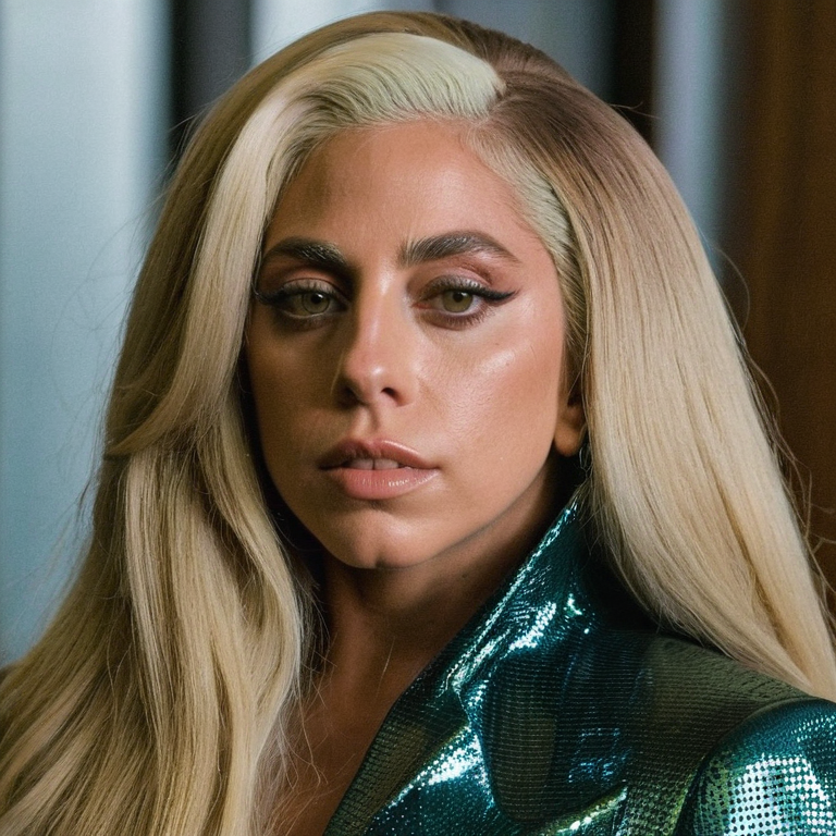 front shot, actor photo of a Lady gaga with long hair  looks at viewer, cinematic shot