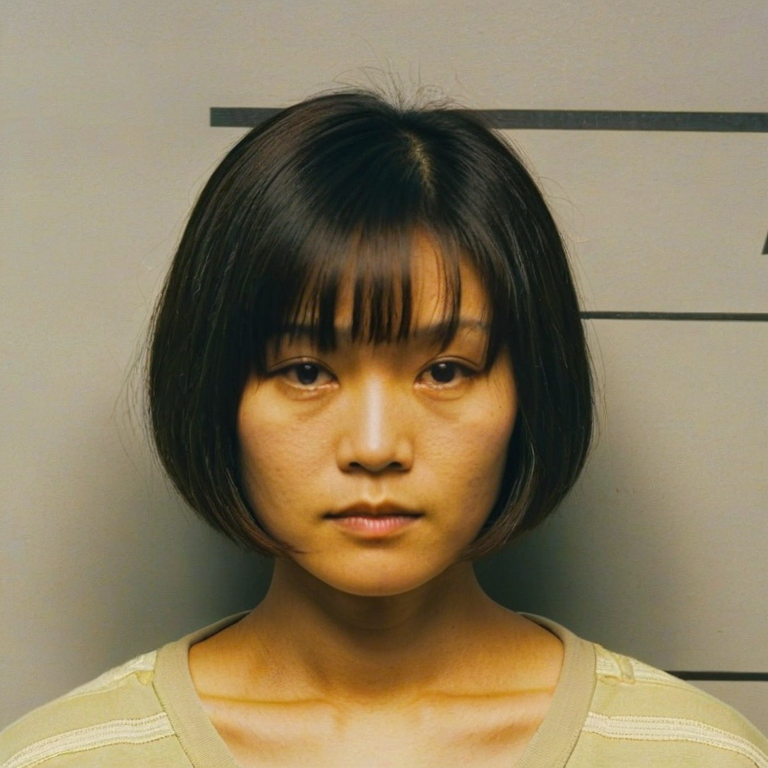 front shot, mugshot photo of a woman 90s, asian, bob cut  looks at viewer, cinematic shot