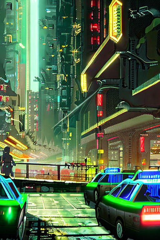 AI generated art representing "A cyberpunk Tokyo skyline, the night lights glistening like stars. A hacker in a taxi, a sense of mystery and danger in the air. Contrasting lights and shadows, gleaming surfaces and steel tones, a hint of industrial decay and emerald greens."