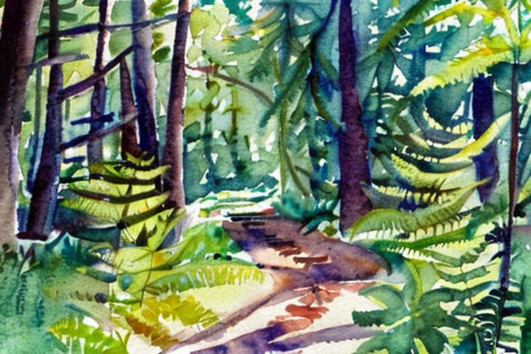 AI generated art representing "Create a watercolor painting of a winding forest pathway, dappled with sunlight, featuring a variety of trees, ferns, and flowers, with a color palette of lush greens, earthy browns, and soft yellows."