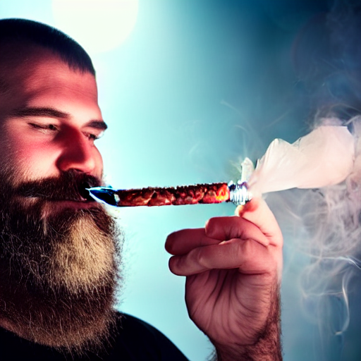 Long bearded Canadian man smoking bear meat in the middle of a speedway