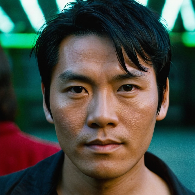 front shot, actor photo of a Black hair Asian person average  looks at viewer, cinematic shot