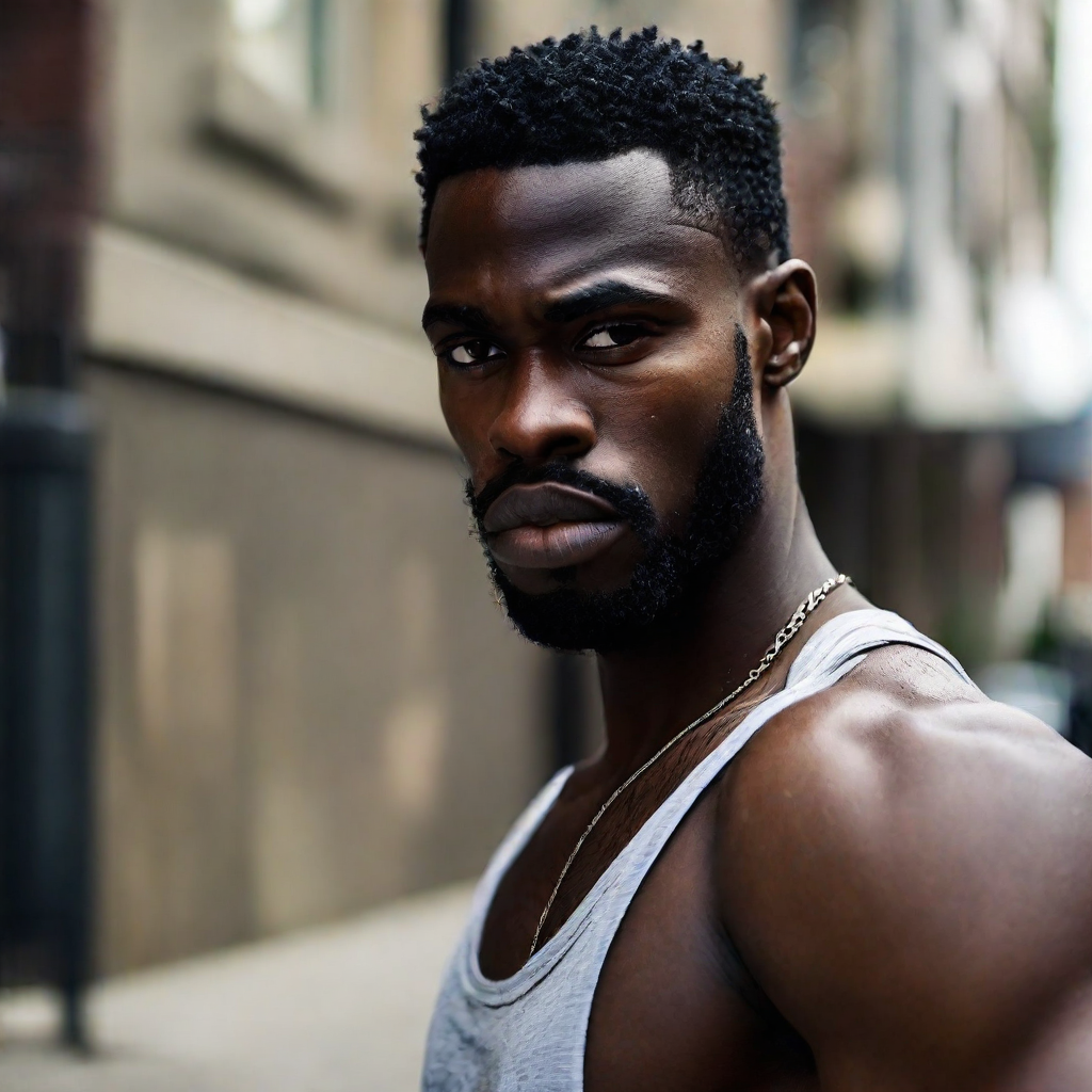 front shot, photo of Black man 5,8” 24 yo, strong jawline, large eyes, large nose, gangster  looks at viewer, cinemati