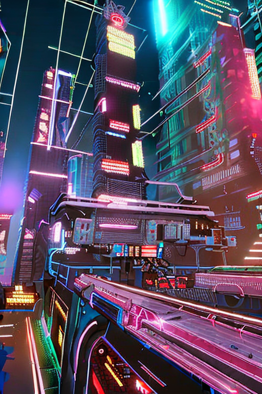 AI generated art representing "A futuristic cyberpunk cityscape at night, illuminated by neon signs and holographic advertisements, with flying cars zooming through the towering skyscrapers."
