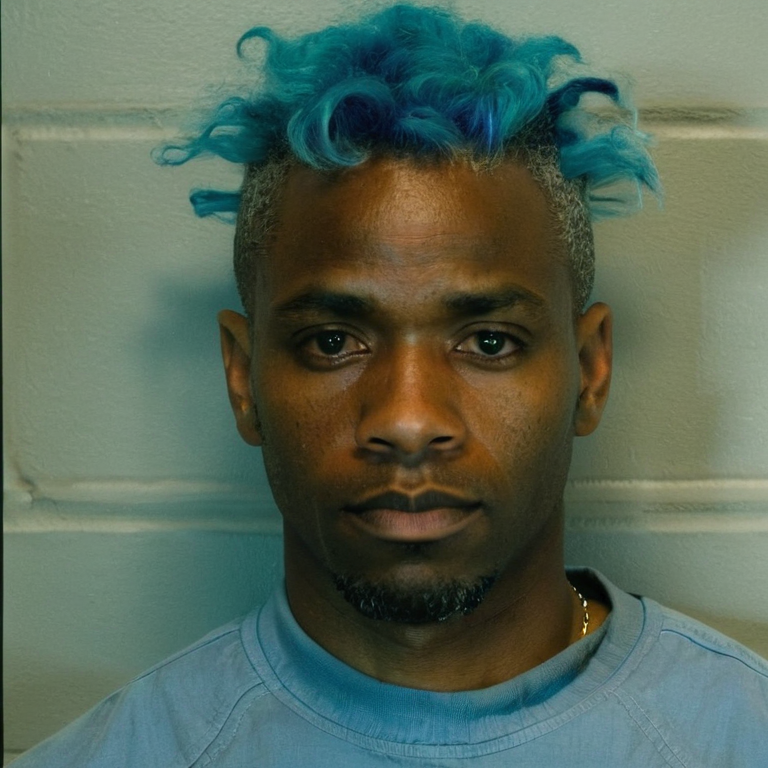 front shot, mugshot photo of a a black man with blue hair  looks at viewer, cinematic shot