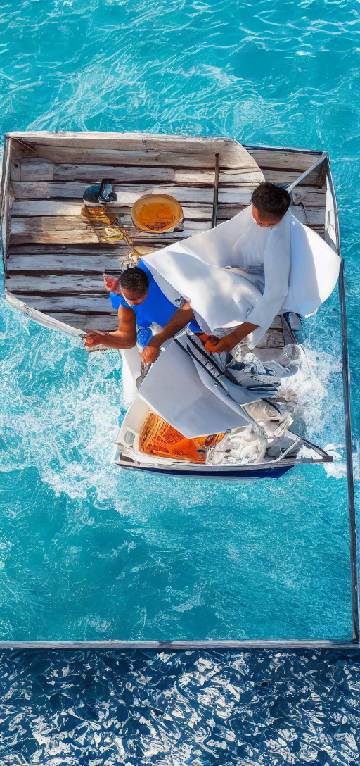 A man swinmibg in the ocean boat sun