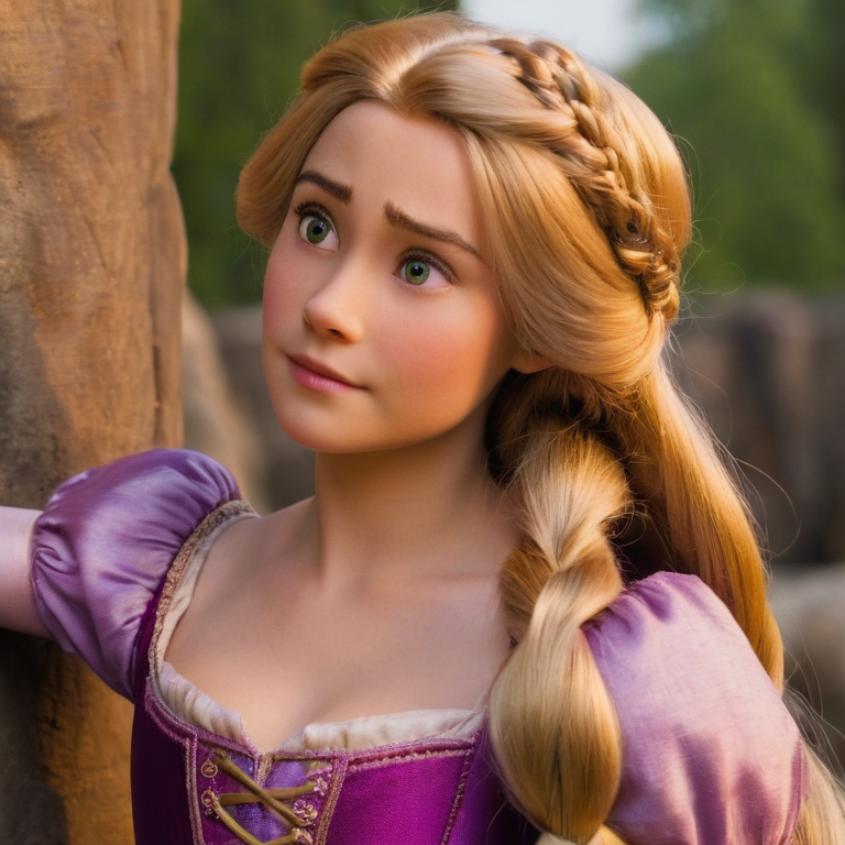 front shot, actor photo of a Rapunzel  looks at viewer, cinematic shot