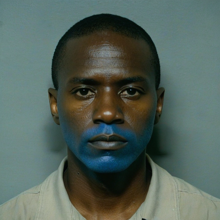 front shot, mugshot photo of a blue man  looks at viewer, cinematic shot