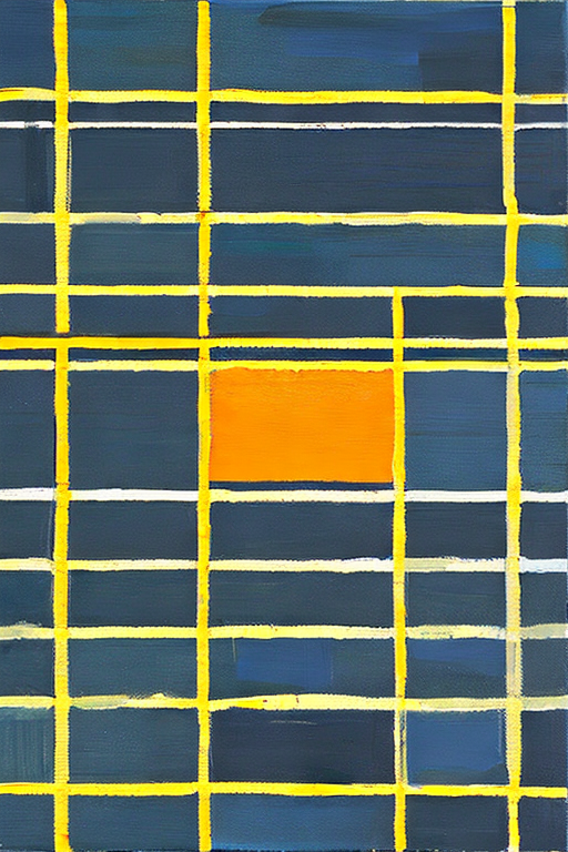 AI generated art representing "Generate a geometric abstract painting inspired by the style of Piet Mondrian, incorporating the living room's color scheme of yellow, dark blue, and grey. The composition should consist of simple shapes and clean lines, creating a modern and sophisticated aesthetic. Arrange the shapes in a balanced and harmonious pattern, evoking a sense of vibrancy and energy that matches the desired summer atmosphere."
