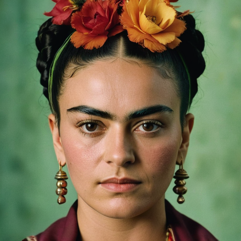 front shot, actor photo of a woman who looks like frida kahlo  looks at viewer, cinematic shot