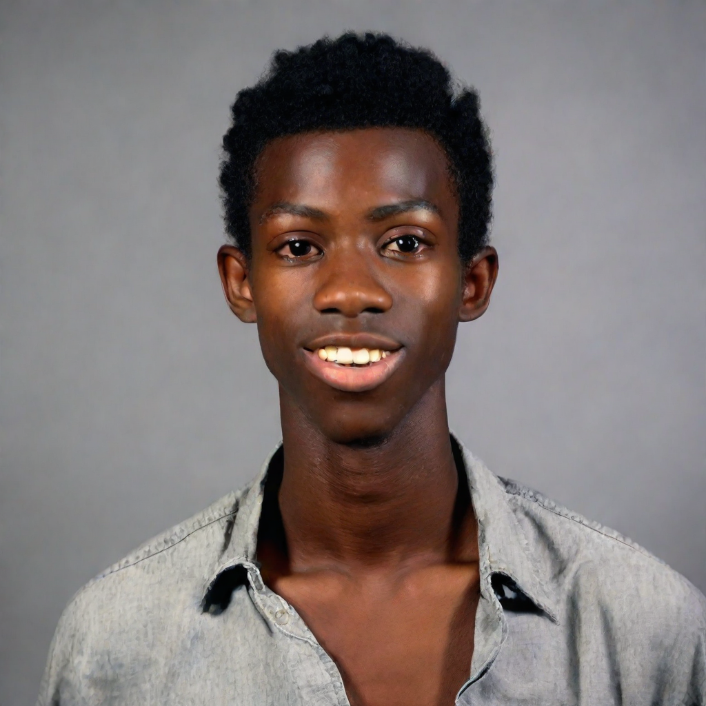 front shot, photo of Black male, skinny, approximately 5’8”, high school age.  looks at viewer, cinematic shot