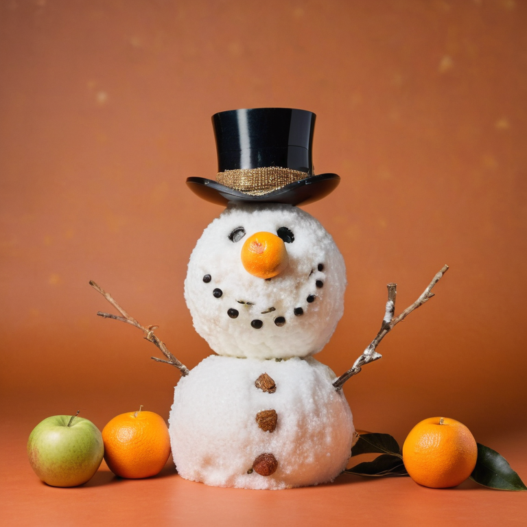 front shot, mugshot photo of a apples and oranges as a snowman  looks at viewer, cinematic shot