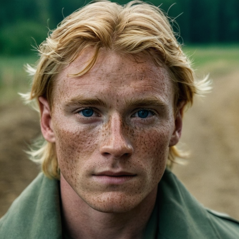 front shot, actor photo of a Man blond hair freckles  looks at viewer, cinematic shot