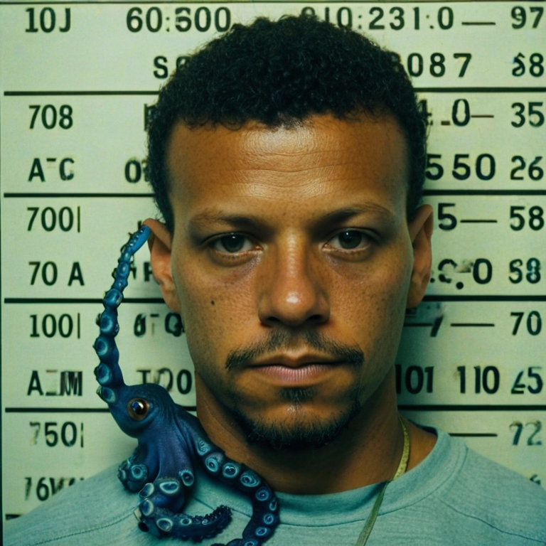 front shot, mugshot photo of a a blue octopus  looks at viewer, cinematic shot