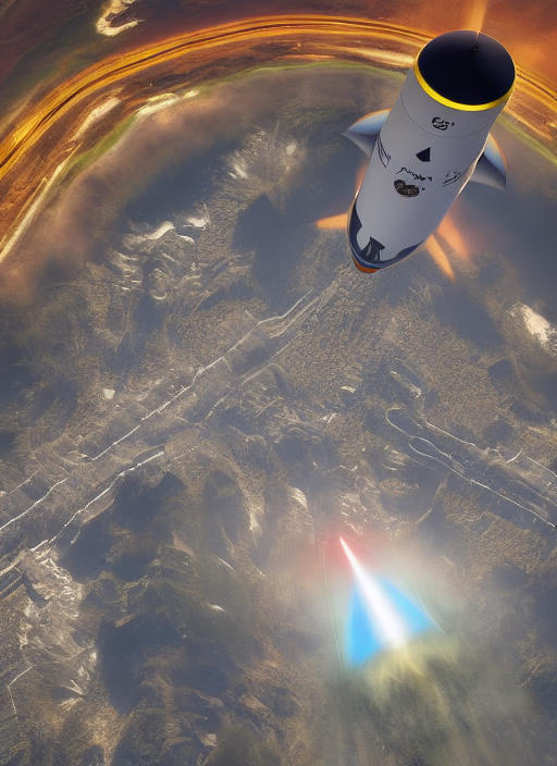 A rocket ship soaring away from a mountain