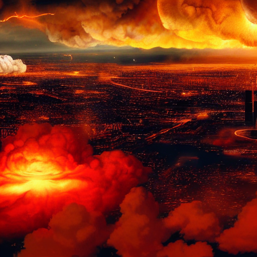 giant glowing atomic explosion clouds, nuclear war, erupting over metropolis, horror, terrifying, hyperdetailed, dynamic lighting, 8K resolution, wide-angle lens, sharp focus, IMAX, firey