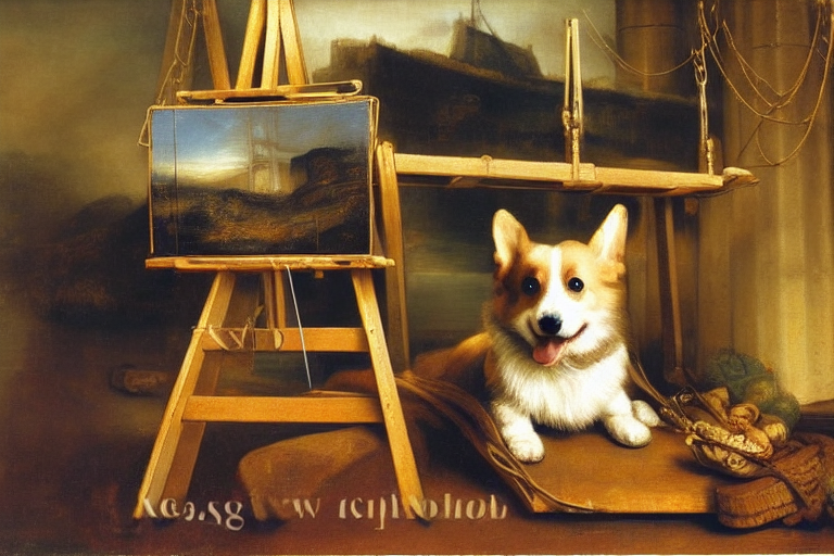 Corgi, easel, Golden Gate Bridge by Rembrandt