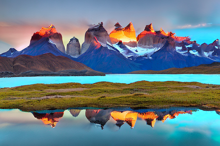 AI generated art representing "The Cordillera del Paine in Chile during the golden hour of summer is framed by the rule of thirds and its beauty is breathtaking. Soft, pastel, muted, vibrant, harmonious and tranquil are all words that can be used to describe this image. The sky is alive with vivid colors, and the mountains are majestic and captivating."