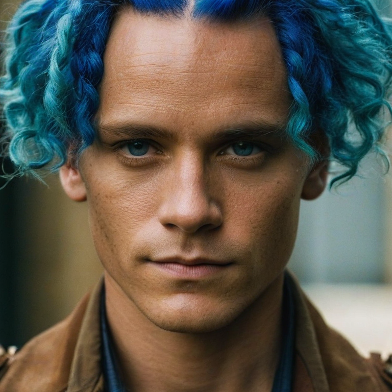 front shot, actor photo of a Blue hair  looks at viewer, cinematic shot
